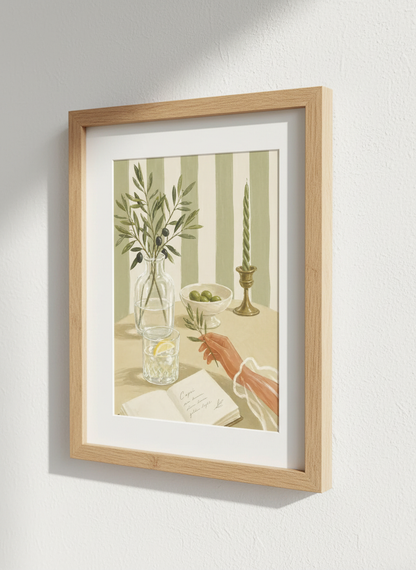 Mediterranean Still Life Wall Art Print | Boho Kitchen Decor | Sage Green Aesthetic Poster | Olive Branch Art | Framed, Unframed &amp; Digital