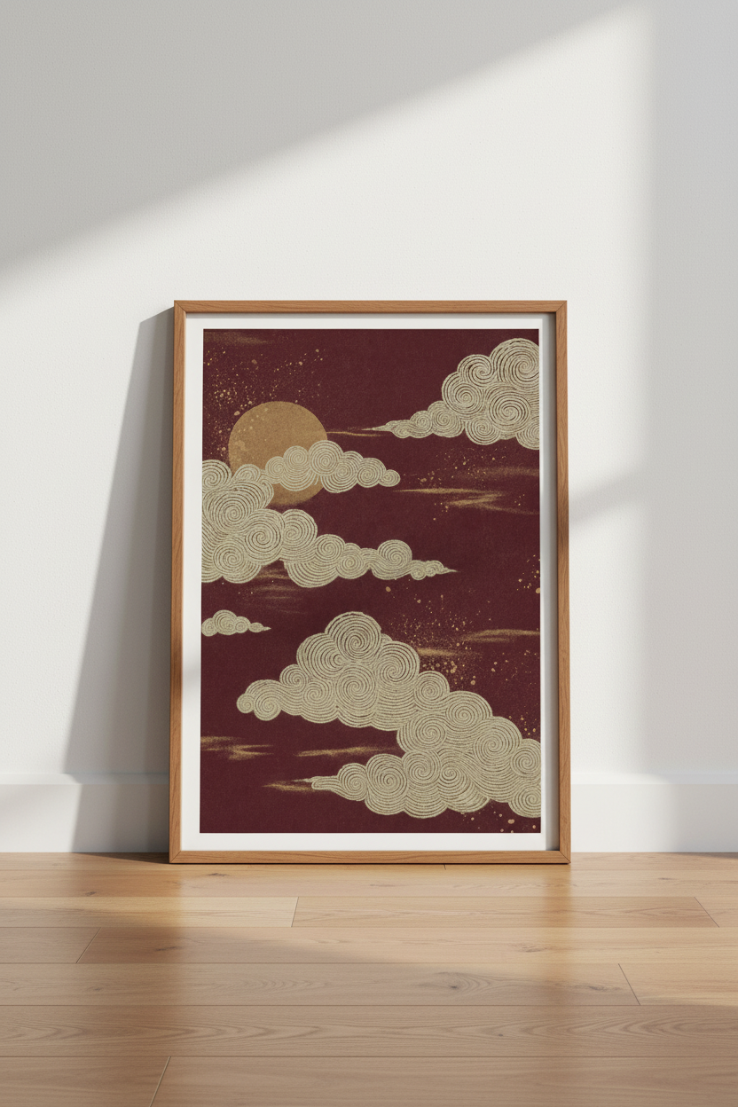Japanese Clouds Wall Art Print | Red &amp; Gold Zen Poster | Living Room Decor