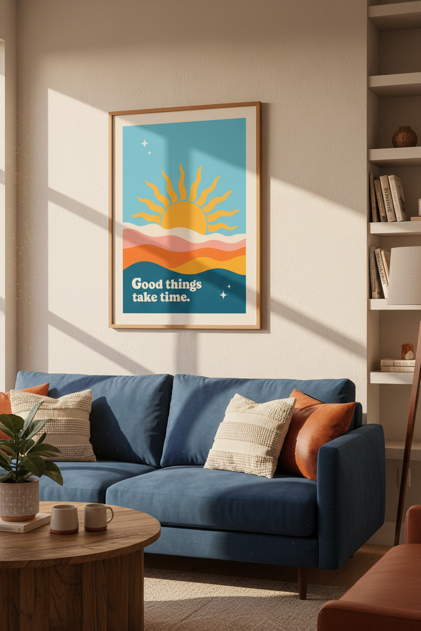 Good Things Take Time | Retro Sun &amp; Waves Poster, Boho Living Room Decor