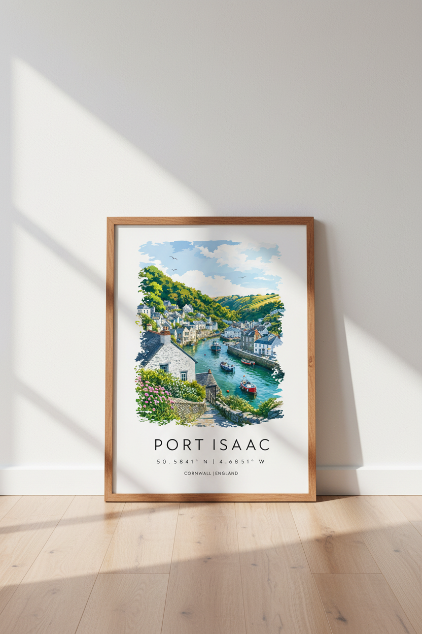 Port Isaac Cornwall Travel Poster | Coastal Landscape Print, English Village Wall Decor