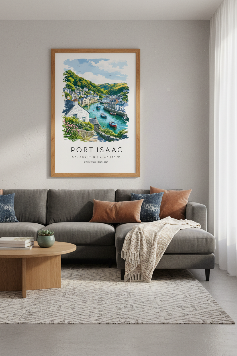 Port Isaac Cornwall Travel Poster | Coastal Landscape Print, English Village Wall Decor