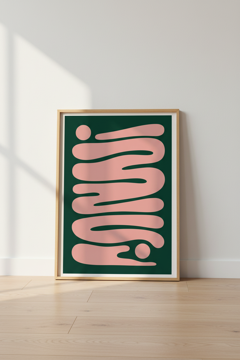 Modern Abstract Wavy Wall Art | Green &amp; Pink Minimalist Poster, Bedroom Decor