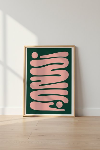 Modern Abstract Wavy Wall Art | Green &amp; Pink Minimalist Poster, Bedroom Decor