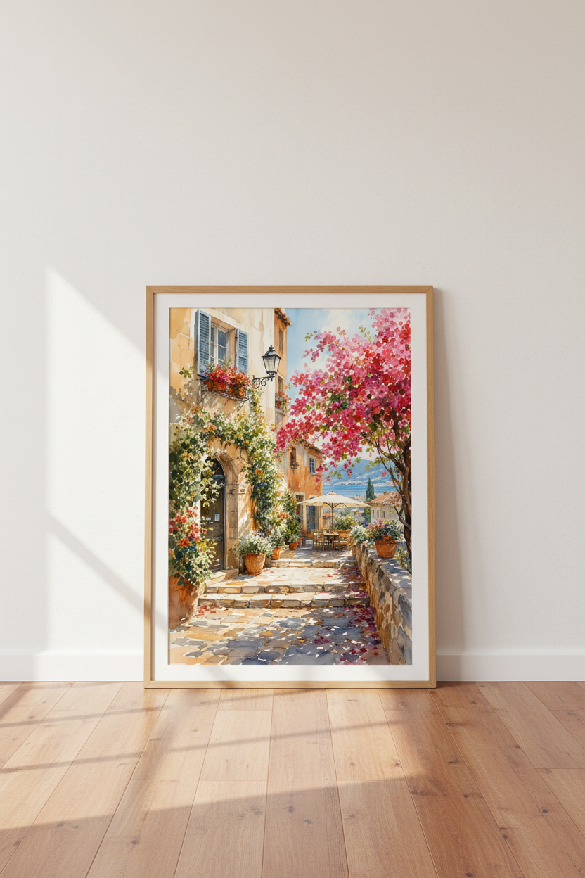 Mediterranean Terrace Watercolor Art | Pink Bougainvillea Print, Coastal Home Decor