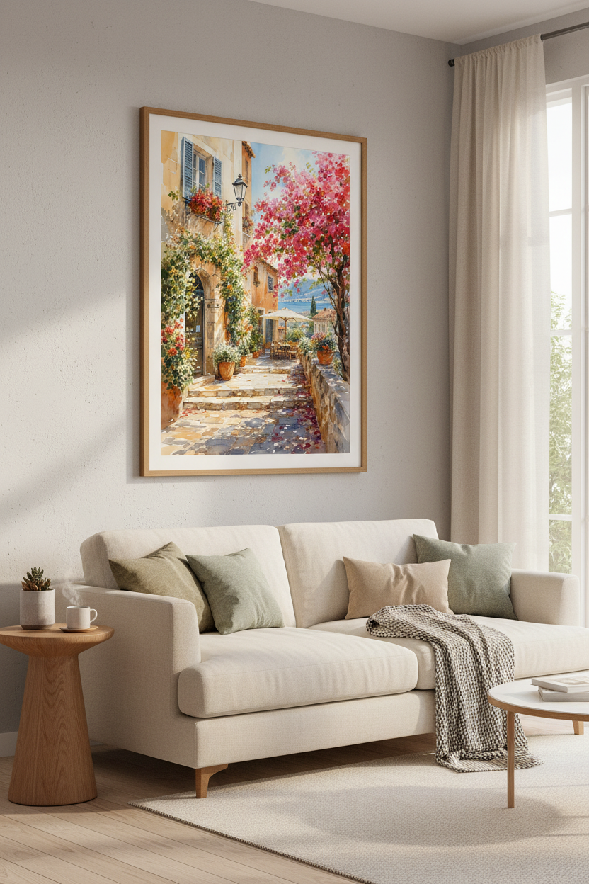 Mediterranean Terrace Watercolor Art | Pink Bougainvillea Print, Coastal Home Decor