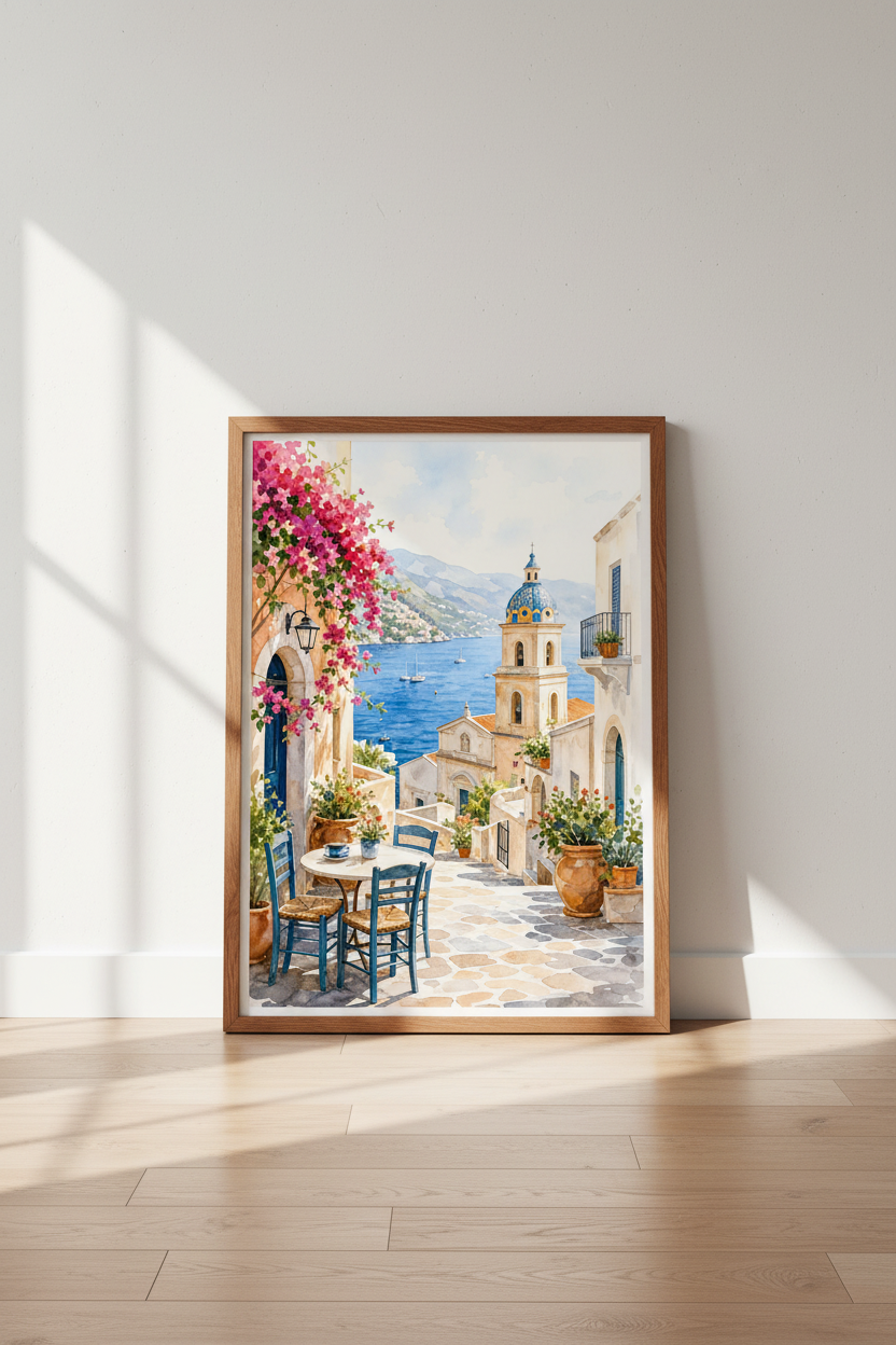 Amalfi Coast Watercolor Print | Italy Coastal Wall Art | Mediterranean Decor Poster