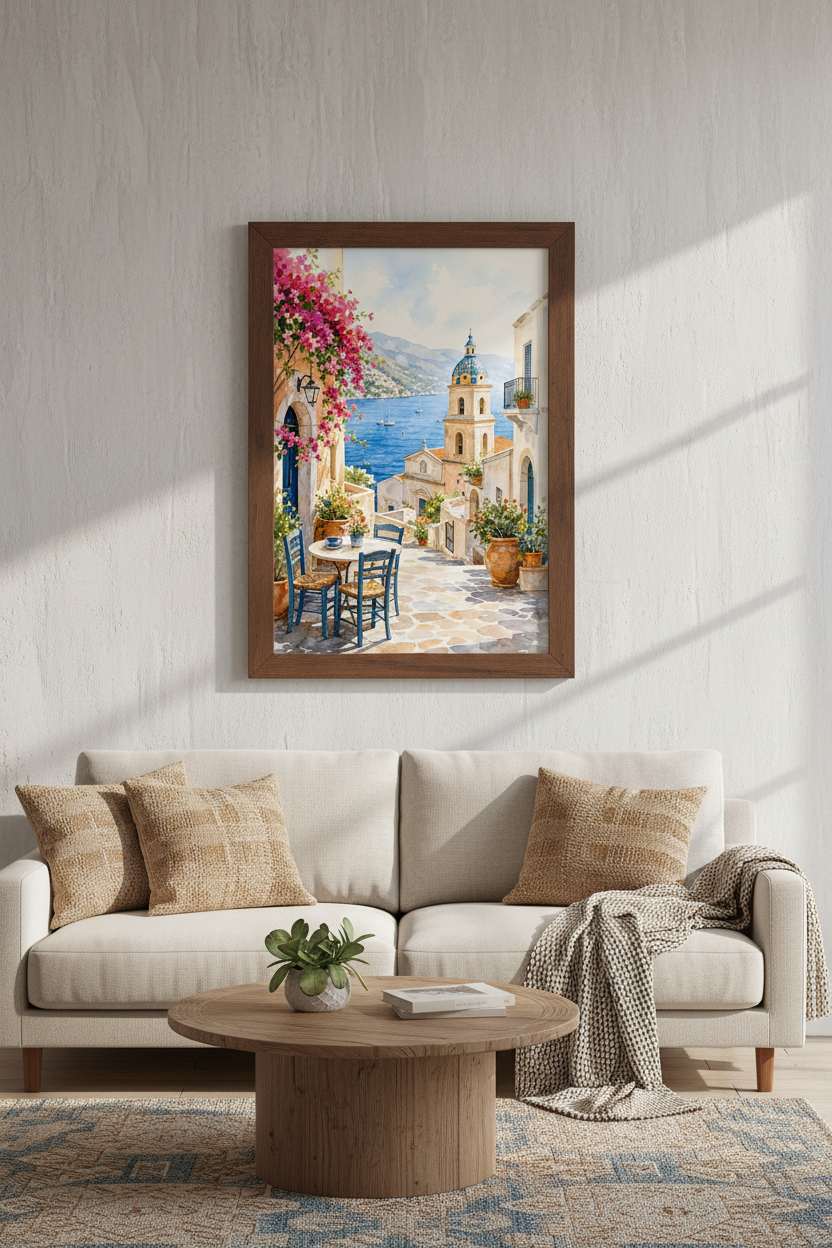 Amalfi Coast Watercolor Print | Italy Coastal Wall Art | Mediterranean Decor Poster