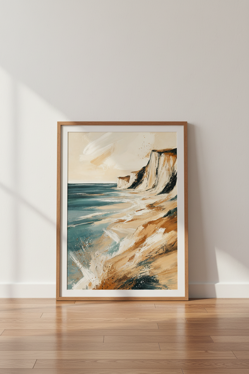 Abstract Coastal Cliffs Wall Art | Teal &amp; Beige Seascape, Modern Living Room Decor