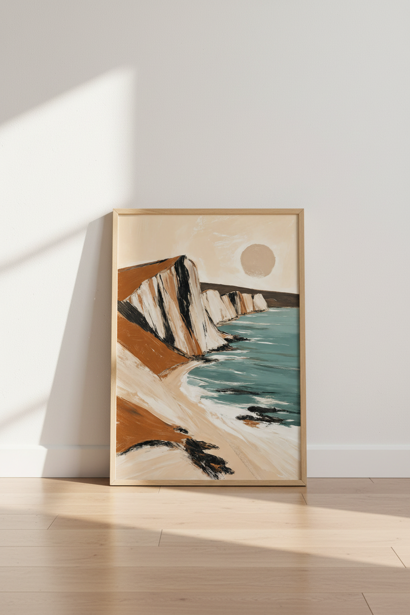 Coastal Cliff Landscape Print | Abstract Teal &amp; Terracotta, Minimalist Beach Decor