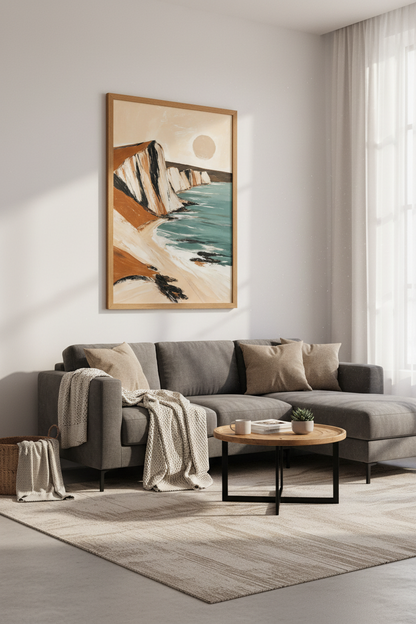 Coastal Cliff Landscape Print | Abstract Teal &amp; Terracotta, Minimalist Beach Decor