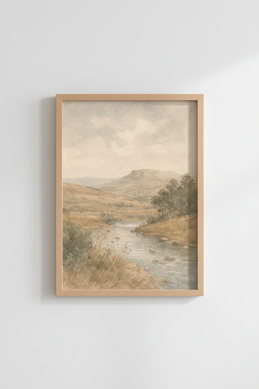 Vintage Watercolor Mountain Landscape | Muted Nature Art, Rustic Farmhouse Decor