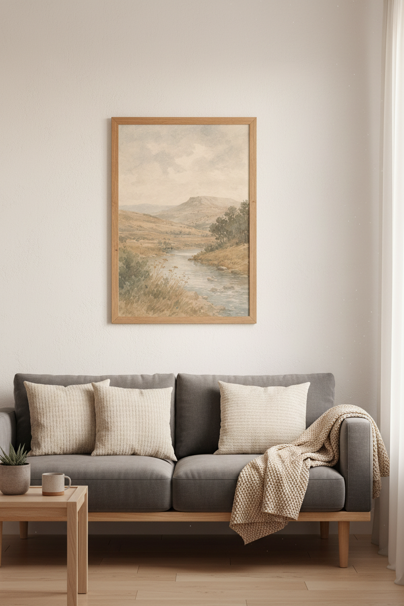 Vintage Watercolor Mountain Landscape | Muted Nature Art, Rustic Farmhouse Decor