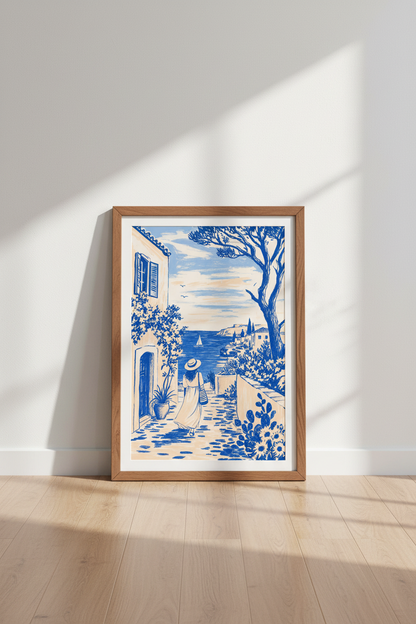 Mediterranean Coastal Wall Art Print | Blue Sketch Summer Decor | Travel Poster