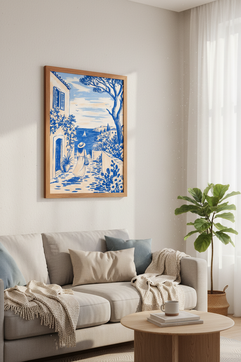 Mediterranean Coastal Wall Art Print | Blue Sketch Summer Decor | Travel Poster
