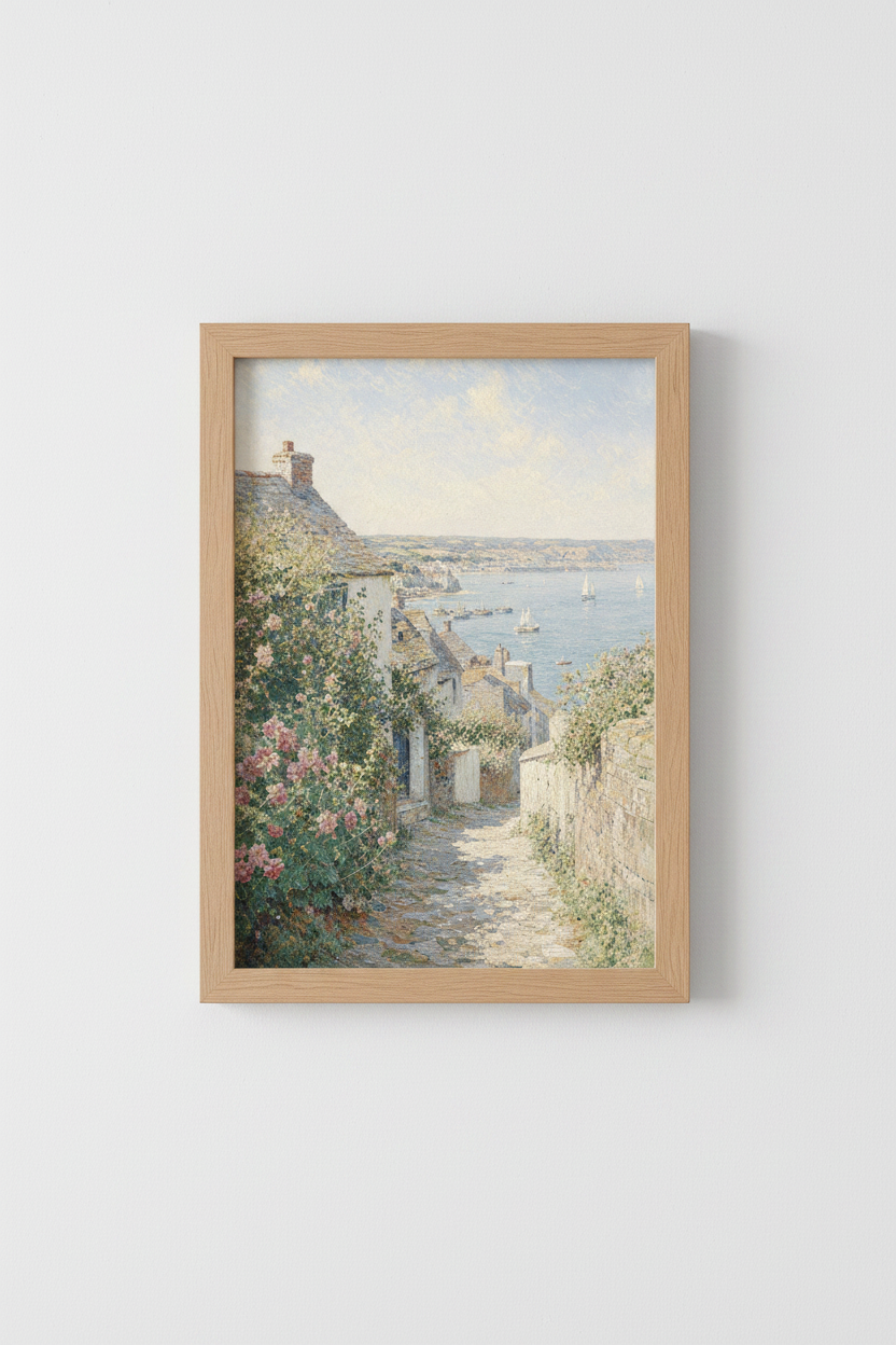 Coastal Village Landscape Wall Art | Impressionist Seaside Decor | Pastel Beach House