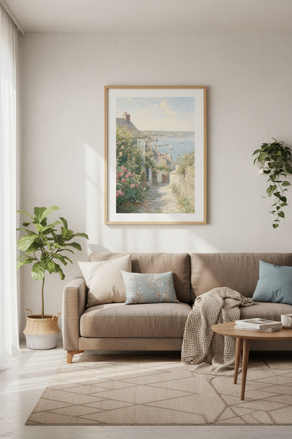 Coastal Village Landscape Wall Art | Impressionist Seaside Decor | Pastel Beach House