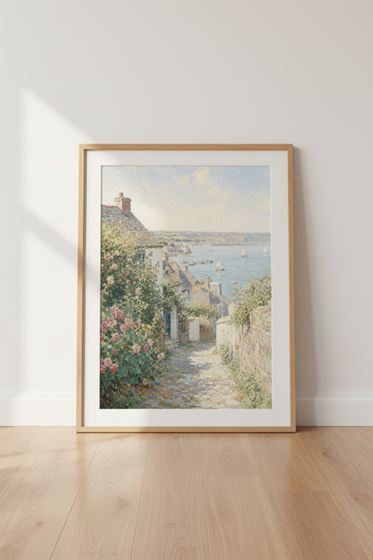 Coastal Village Landscape Wall Art | Impressionist Seaside Decor | Pastel Beach House
