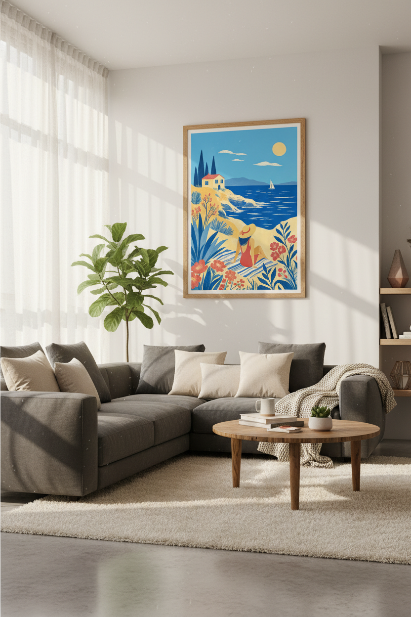 Mediterranean Coastal Beach Wall Art | Blue &amp; Yellow Summer Decor, Nautical Poster Print