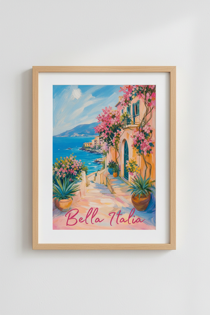 Italy Wall Art Print | Mediterranean Coastal Decor, Floral Italian Village Poster