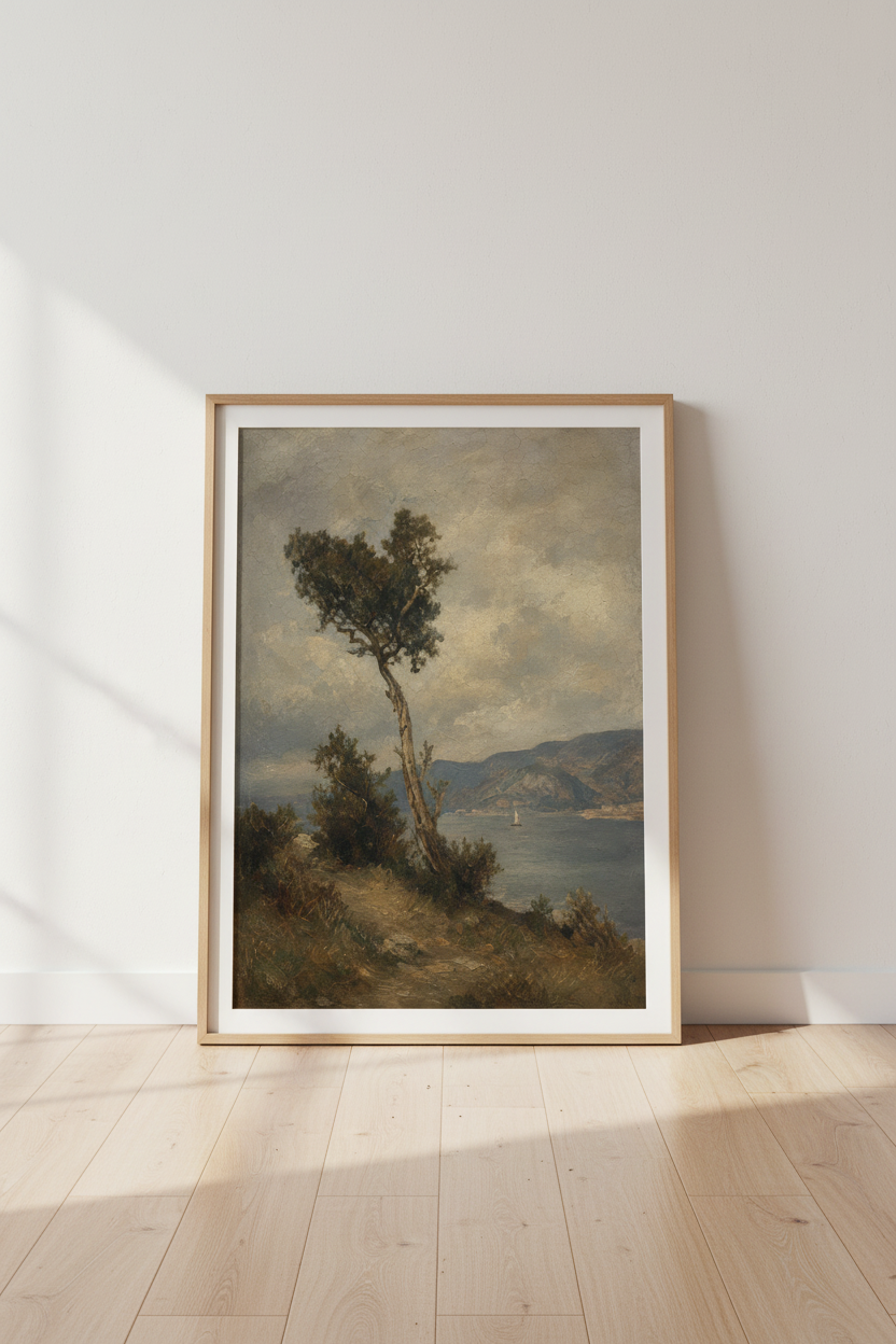 Moody Coastal Landscape | Vintage Oil Painting, Nature Tree Seascape Wall Art