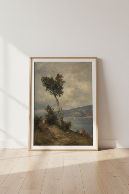 Moody Coastal Landscape | Vintage Oil Painting, Nature Tree Seascape Wall Art
