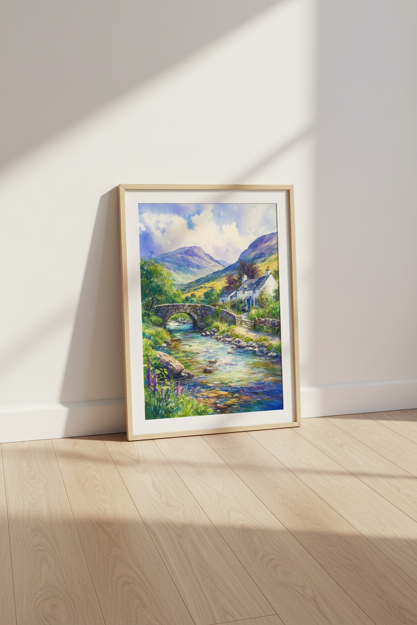 Mountain Landscape Watercolor Art | Rustic Cottage Decor, Country Stream Poster