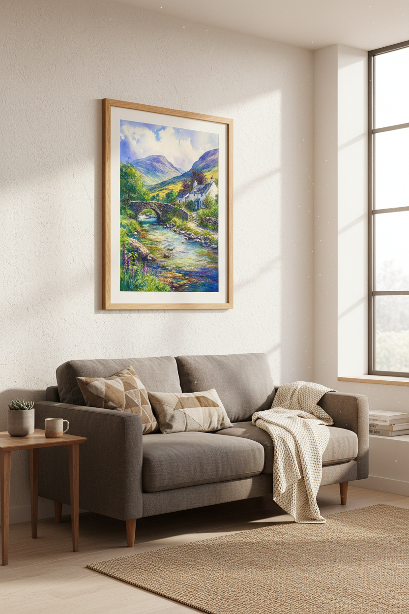 Mountain Landscape Watercolor Art | Rustic Cottage Decor, Country Stream Poster