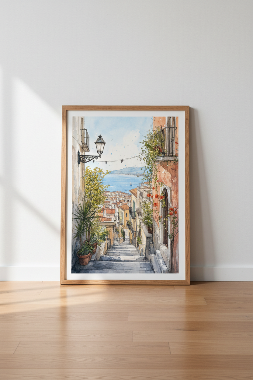 Mediterranean Alley Watercolor Print | Italian Coastal Wall Art | European Summer Poster