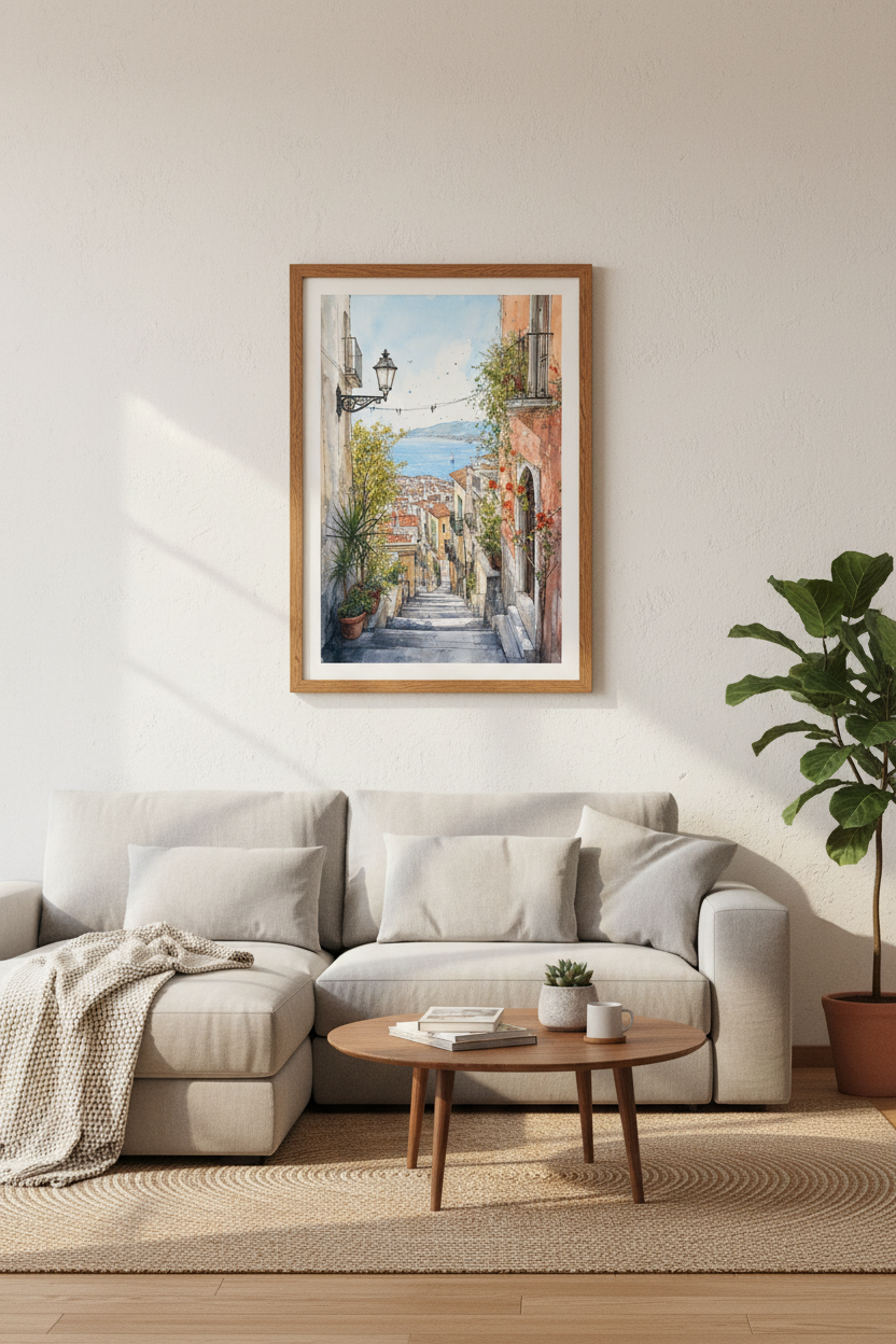 Mediterranean Alley Watercolor Print | Italian Coastal Wall Art | European Summer Poster