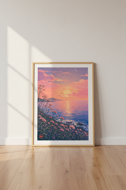 Sunset Ocean Landscape Wall Art | Pastel Coastal Decor | Dreamy Lofi Poster