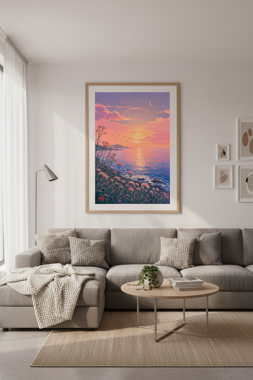 Sunset Ocean Landscape Wall Art | Pastel Coastal Decor | Dreamy Lofi Poster