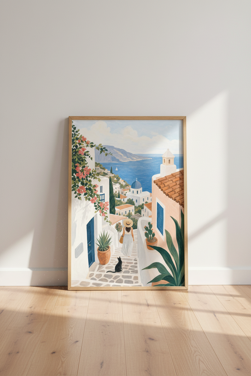 Greece Santorini Wall Art | Coastal Mediterranean Print, Travel Poster Home Decor