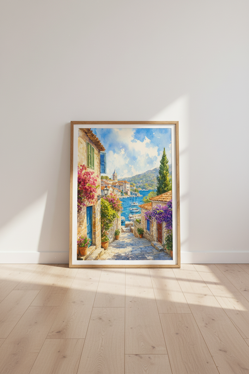 Mediterranean Coastal Village Watercolor Wall Art | Blue Ocean Decor | Italian Poster