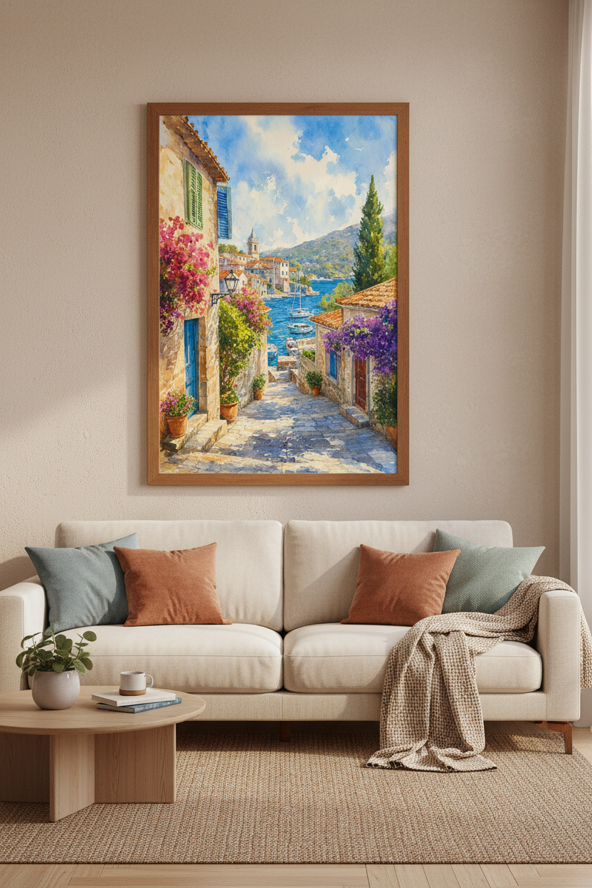 Mediterranean Coastal Village Watercolor Wall Art | Blue Ocean Decor | Italian Poster