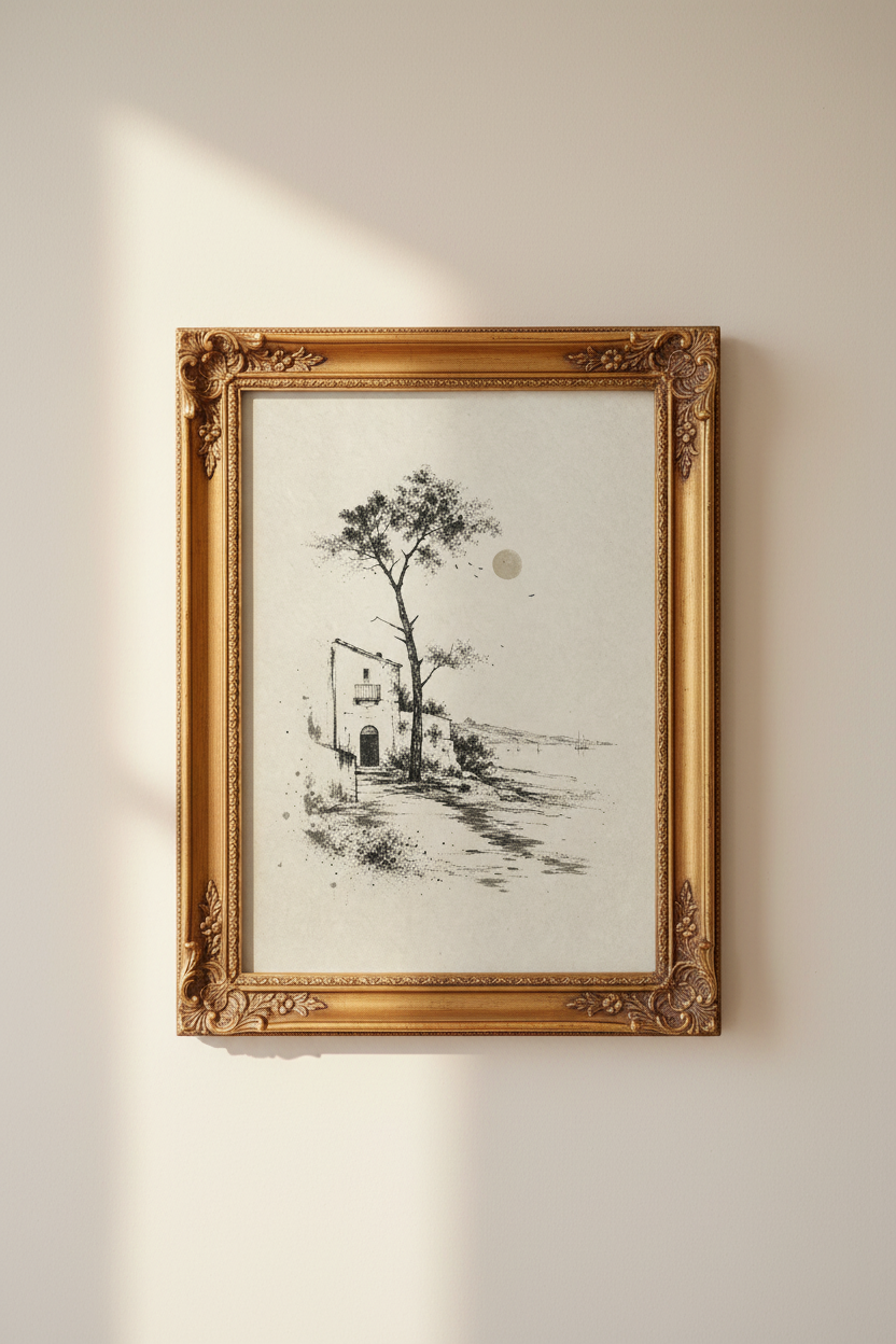 Vintage Landscape Wall Art Print | Living Room Decor | Ink Sketch Poster