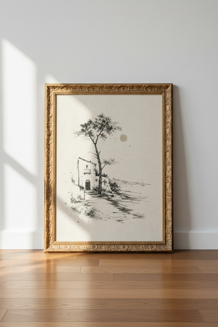 Vintage Landscape Wall Art Print | Living Room Decor | Ink Sketch Poster