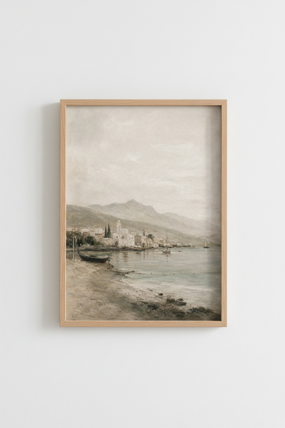 Coastal Wall Art | Soft Sepia Palette, Seaside Village | Living Room Decor