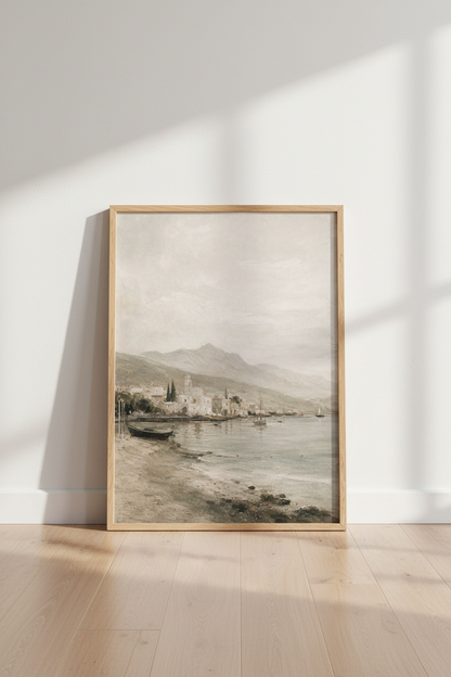 Coastal Wall Art | Soft Sepia Palette, Seaside Village | Living Room Decor