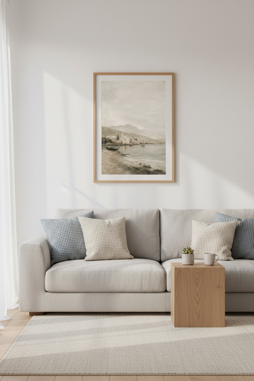 Coastal Wall Art | Soft Sepia Palette, Seaside Village | Living Room Decor