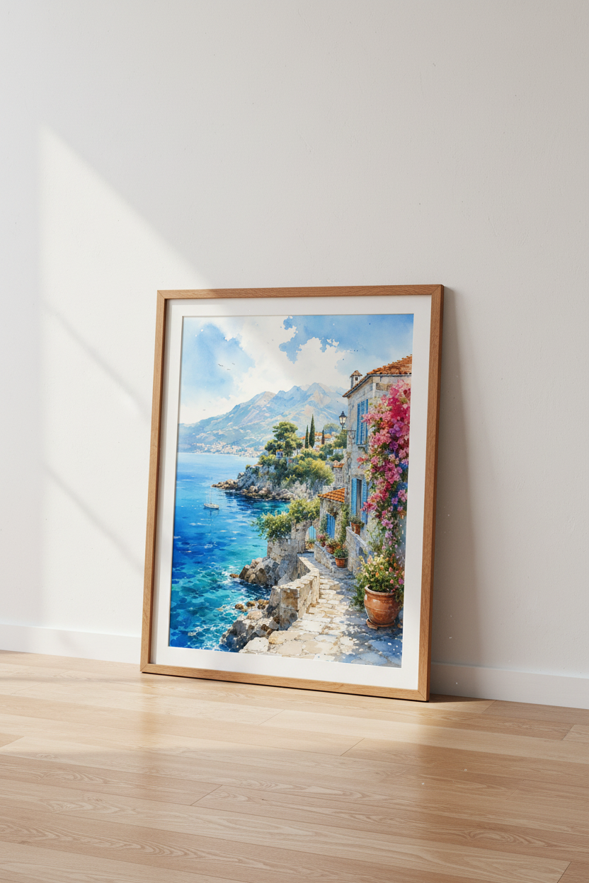 Mediterranean Coastal Town Watercolor | Blue Sea Landscape, Living Room Decor
