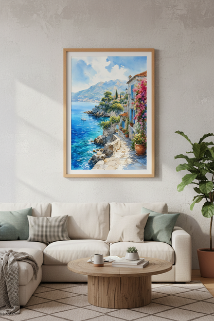 Mediterranean Coastal Town Watercolor | Blue Sea Landscape, Living Room Decor