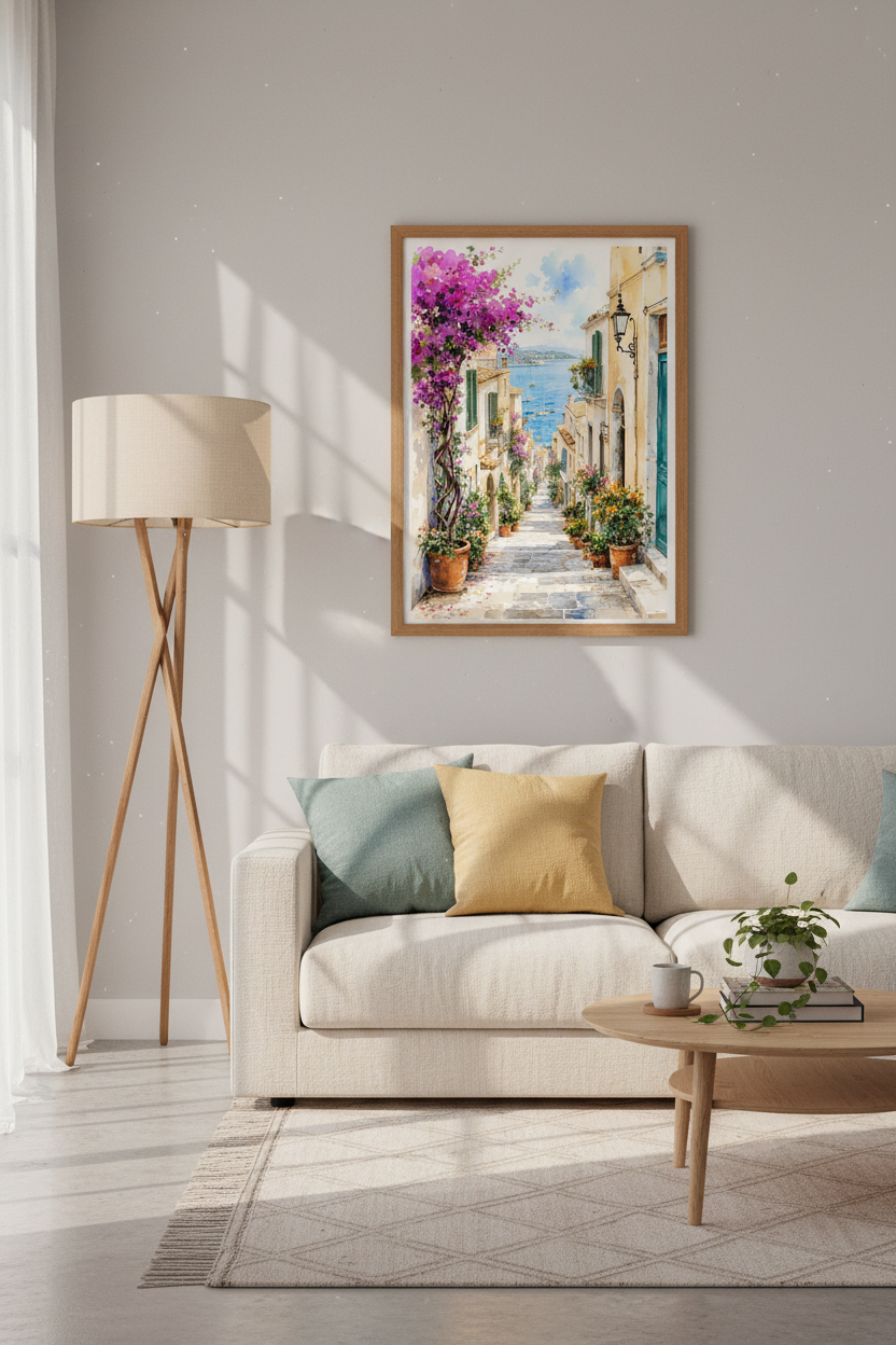 Mediterranean Coastal Village Watercolor | Italy Seascape Print, Amalfi Decor