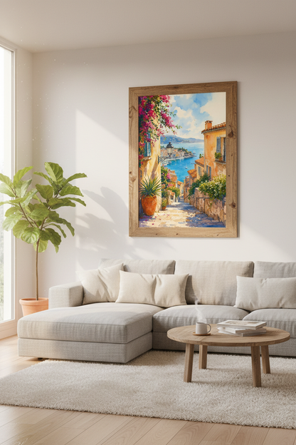 Mediterranean Coastal Village Watercolor | Italian Coast Decor, Blue Sea Wall Art Print