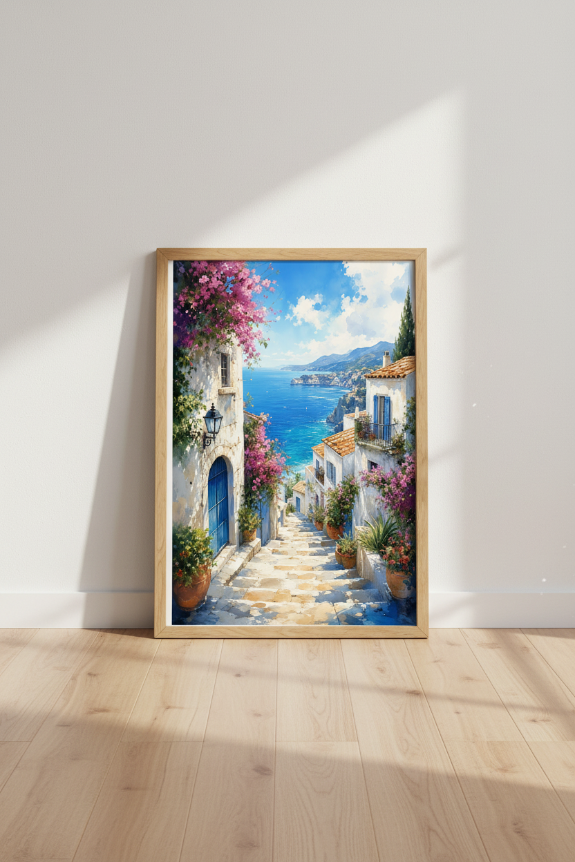 Mediterranean Coastal Wall Art | Amalfi Coast Watercolor Print | Italian Summer Poster