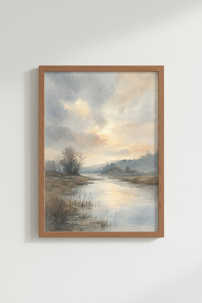 Watercolor River Landscape Wall Art | Muted Blue Nature Decor | Serene Sunrise Poster