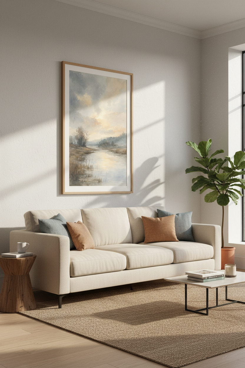 Watercolor River Landscape Wall Art | Muted Blue Nature Decor | Serene Sunrise Poster