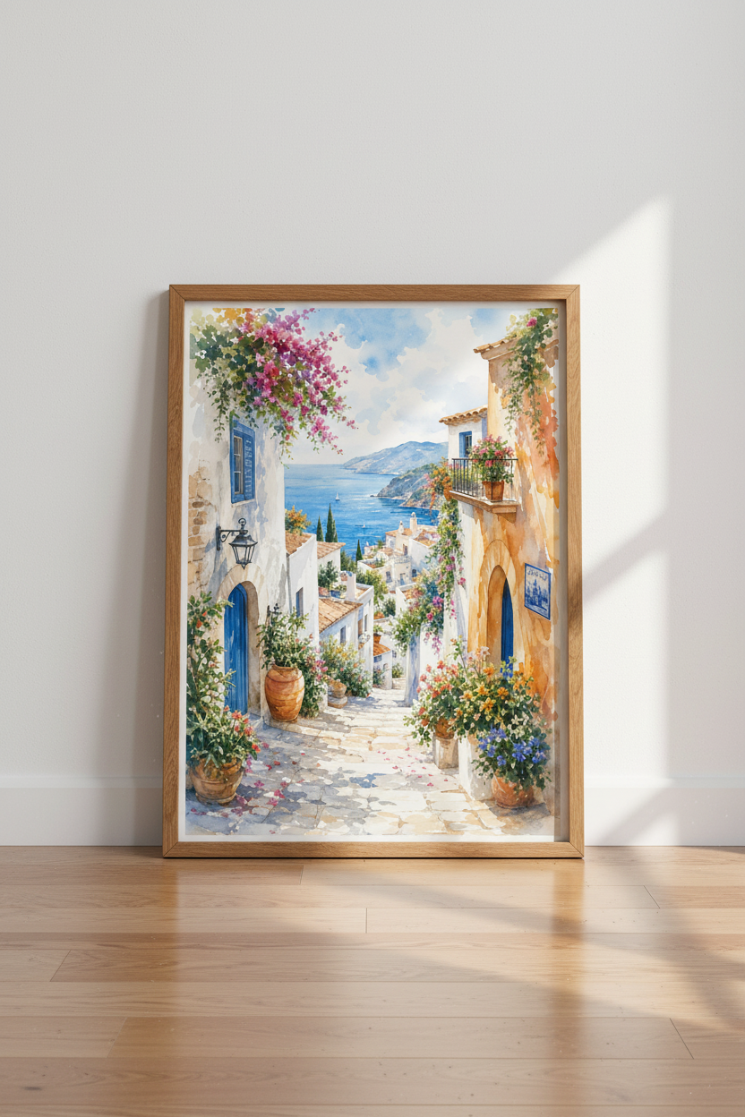 Mediterranean Coastal Watercolor Print | Blue Sea Landscape, Greek Village Wall Art