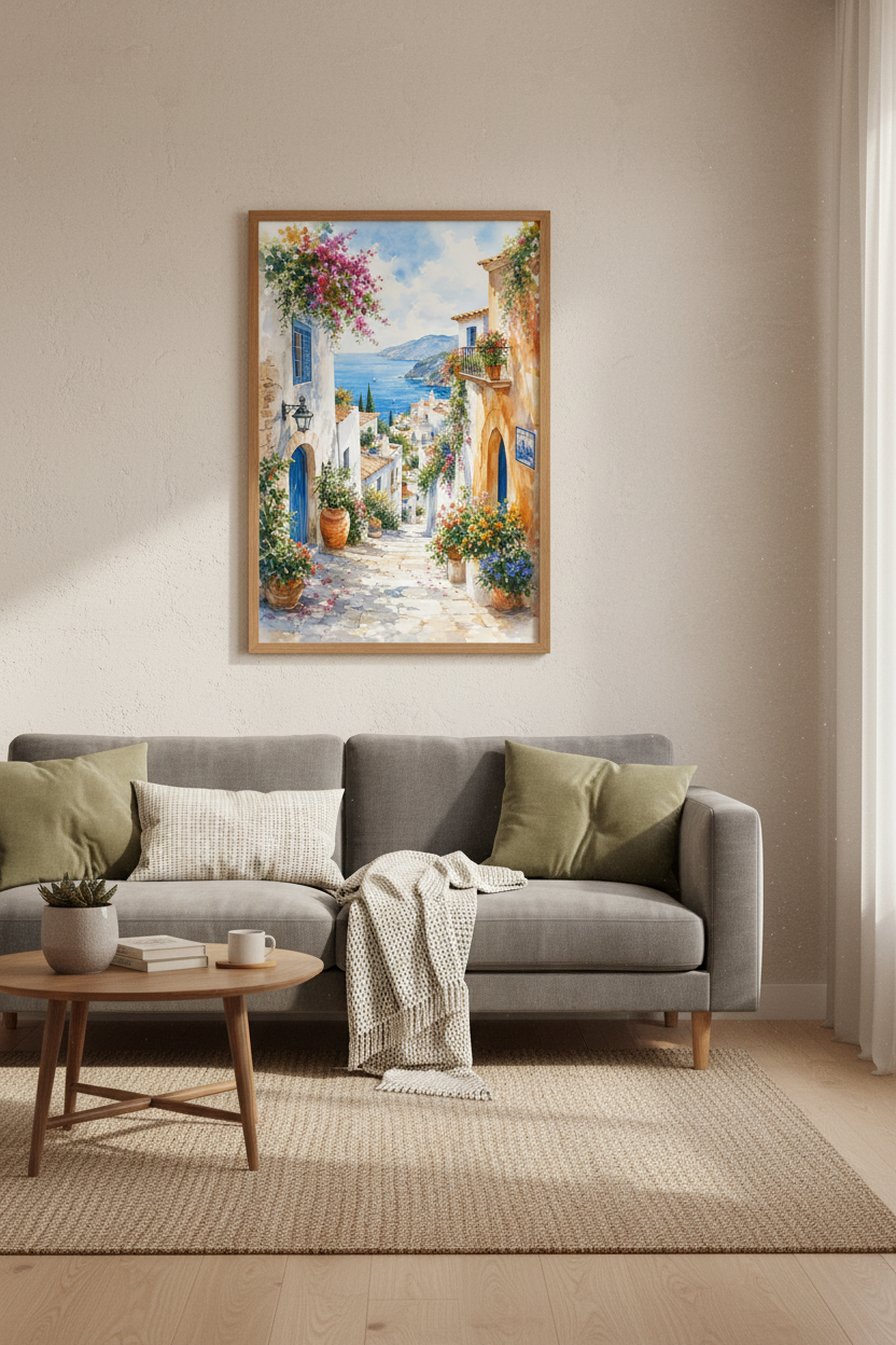 Mediterranean Coastal Watercolor Print | Blue Sea Landscape, Greek Village Wall Art