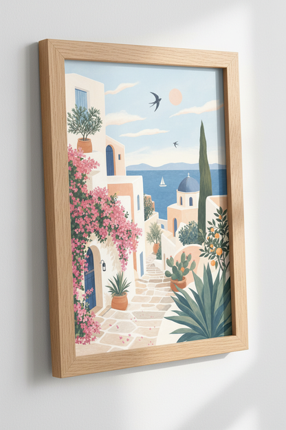 Santorini Greece Art Print | Mediterranean Coastal Landscape, Living Room Decor