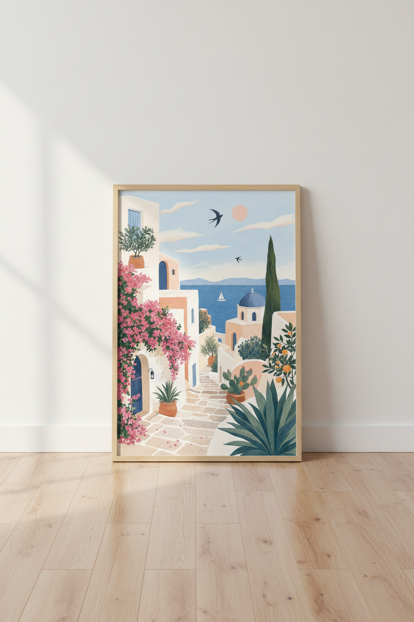 Santorini Greece Art Print | Mediterranean Coastal Landscape, Living Room Decor